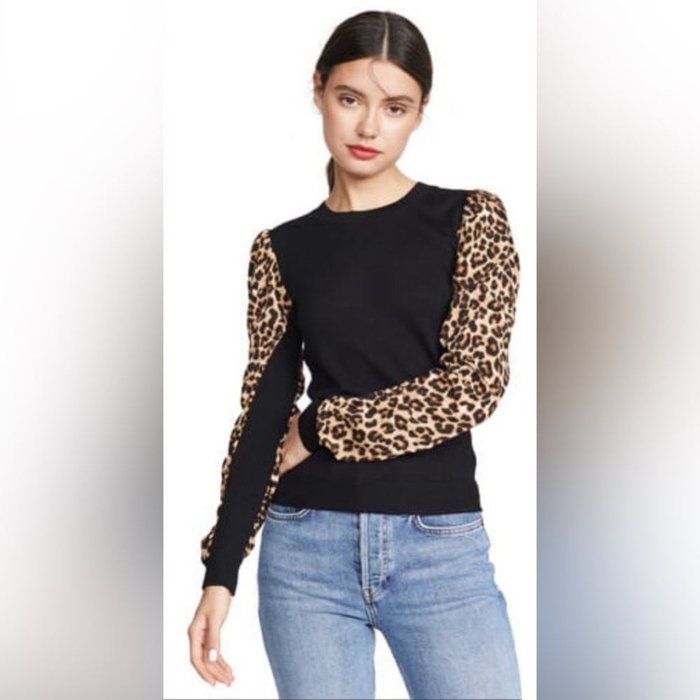 VERONICA BEARD Adler Black‎ Leopard Sleeve Mix Media Sweater, Size XS